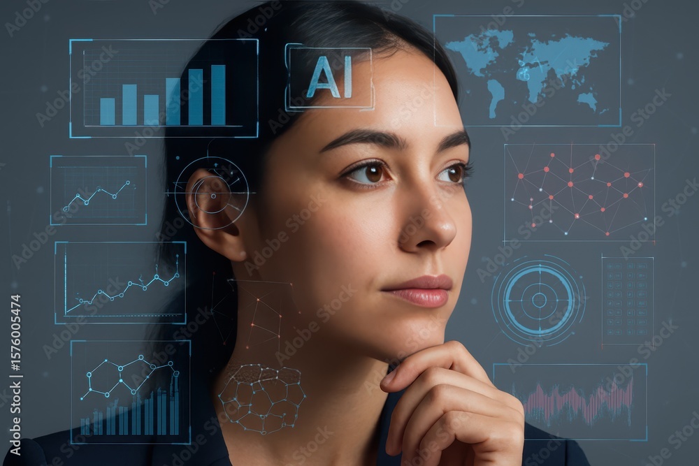 Poster thinking woman faces modern technology with data visualizations and artificial intelligence in a fut
