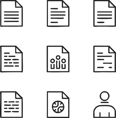 A set of nine minimalist black line art icons depicting documents and people on a white background icon set