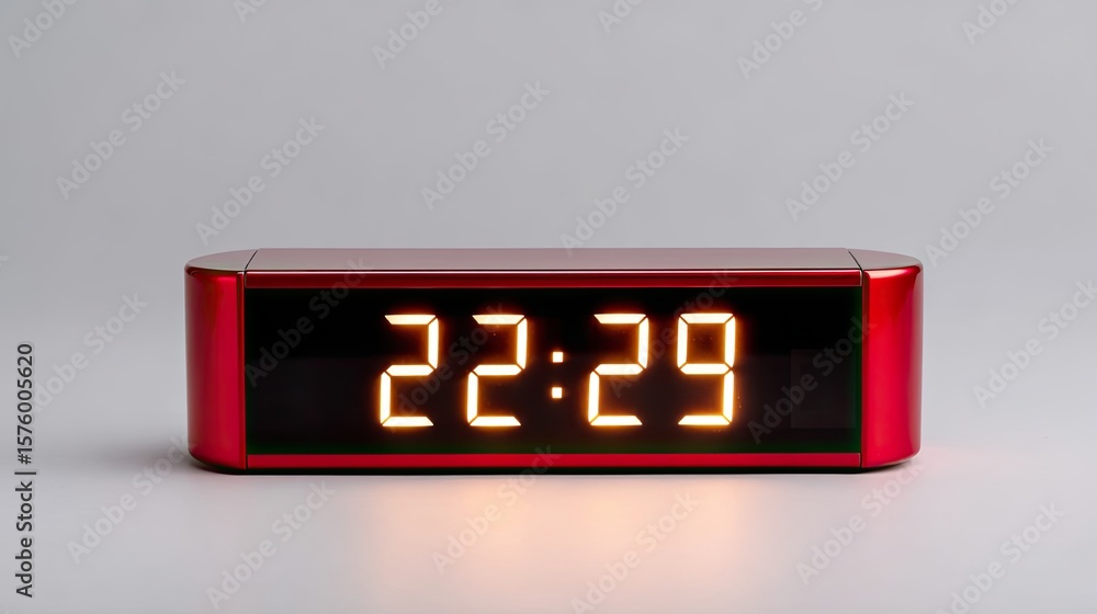Poster bright red digital alarm clock displaying time 22:29 against simple background in modern home enviro