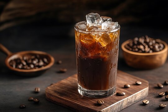 Ice americano black coffee cold brew beans in glass on wood table close up popular iced coffe menu in the summer at cofee shop copy space