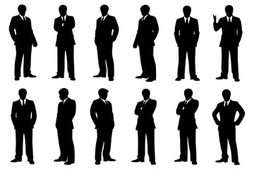 "Monochrome silhouette grid of 12 adult businessmen in formal wear, standing in various confident and relaxed poses. Figures are evenly placed in a structured format with minimalist execution, no deta