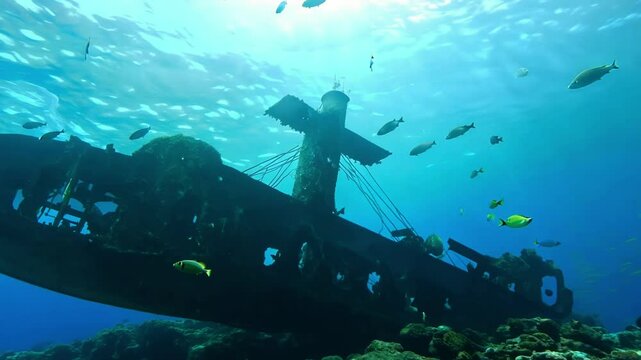 Underwater shipwreck scene shows tropical fish swimming around deteriorating sunken vessel remains on sandy ocean floor with filtered sunlight creating peaceful marine ecosystem