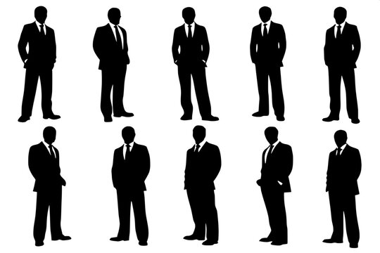 "Monochrome silhouette grid of 12 adult businessmen in formal wear, standing in various confident and relaxed poses. Figures are evenly placed in a structured format with minimalist execution, no deta