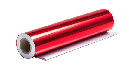 Roll of vibrant red foil material with reflective surface, against a black background