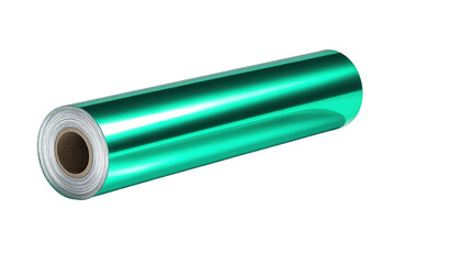 Close up shot of a roll of bright, reflective turquoise metallic foil material