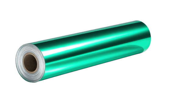 Close up shot of a roll of bright, reflective turquoise metallic foil material