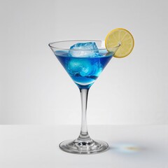 "Realistic Illustration of a Blue Cocktail in a Martini Glass with Lemon Garnish"