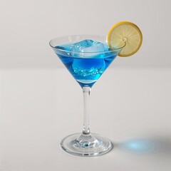"Realistic Illustration of a Blue Cocktail in a Martini Glass with Lemon Garnish"