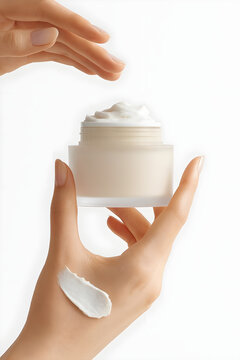 Hands Hold Cream Jar, Apply Swatch | Manos sostienen tarro y aplican crema | Mains tiennent pot et appliquent cr&egrave;me | H&auml;nde halten Tiegel und testen Creme