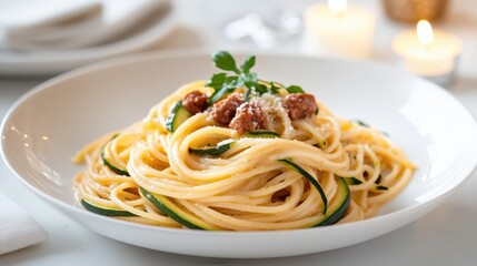 Delicious Plate of Spaghetti with Fresh Vegetables and Savory Meat Sauce