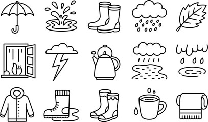 Black and White Autumn Icons Umbrella Rain Boots Leaf Window Lightning Kettle Coat Cup Towel
