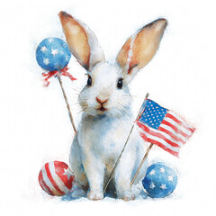 riotic Bunny Holding Balloon and American Flag in Festive Fourth of July Style, Perfect for USA Independence Day Celebration, National Pride, Freedom, and Cute Holiday Art for All Ages