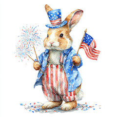 Patriotic Rabbit Holding American Flag with Fireworks in the Background, Symbolizing USA Independence Day, Freedom, National Celebration, Fourth of July Spirit, and American Pride in a Cute Style