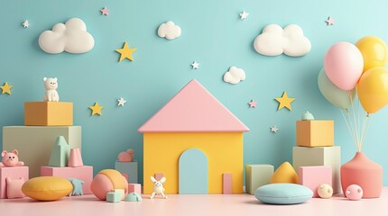 Celebratory scene with pastel balloons floating above gift boxes. Confetti scatters on a colorful background, creating a festive atmosphere.