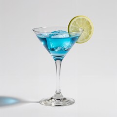"Realistic Illustration of a Blue Cocktail in a Martini Glass with Lemon Garnish"