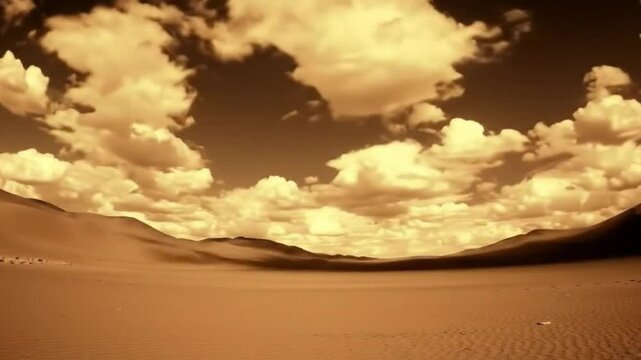 Dramatic Sepia Toned Desert Landscape with Vast Sand Dunes and Moving Clouds