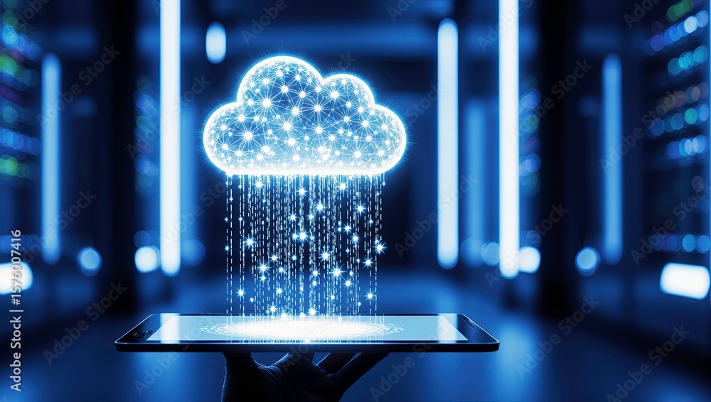 Poster cloud computing concept with icons and cloud above tablet, digital tech style, blue background, conc