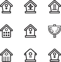 Obraz premium Black and white outline icon set of various birdhouses and a bird feeder vector
