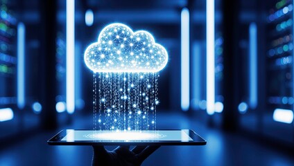 Cloud computing concept with icons and cloud above tablet, digital tech style, blue background, concept of online data and storage, AI Generative