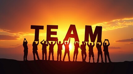 Teamwork concept: People connect with each other and hold letters to compose the team word at sunset. 3d Illustrations