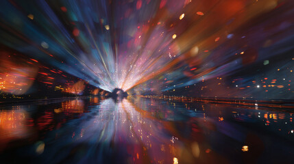 Colorful light trails reflect on the water, creating a dynamic abstract scene.