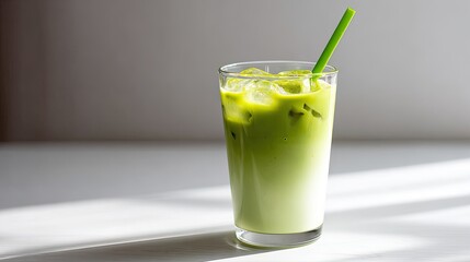 Fototapeta premium Refreshing green smoothie with ice cubes in a clear glass with a green straw on a bright surface