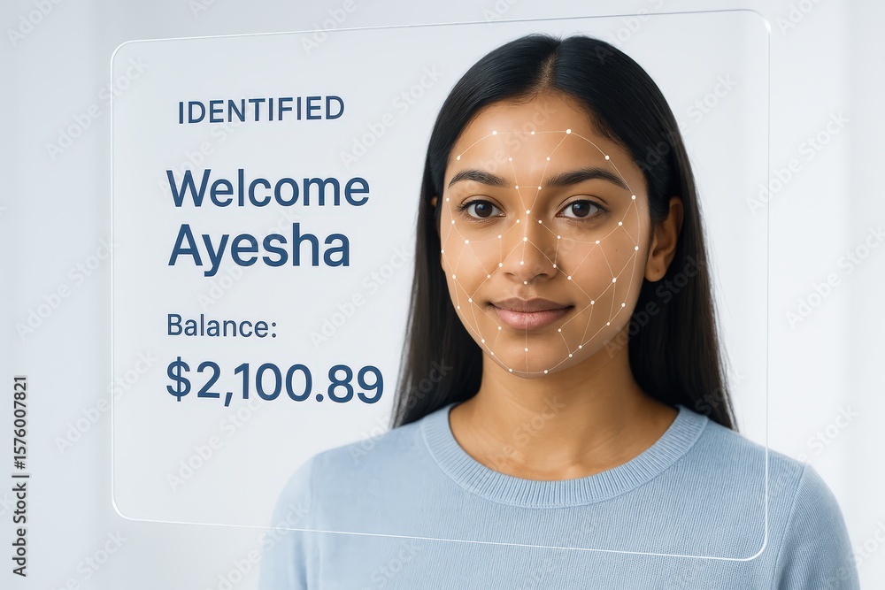 Poster ayesha identified via facial recognition technology, accessing her account with a balance displayed 