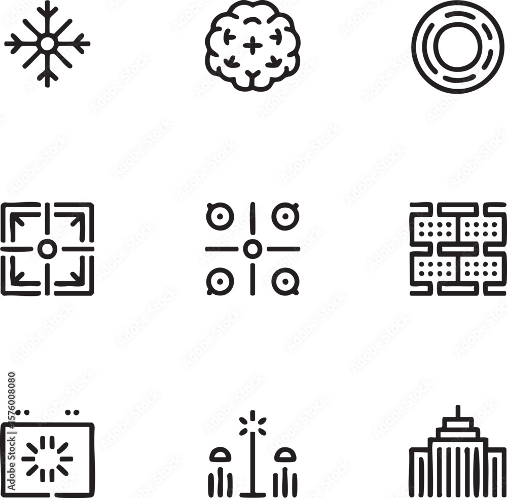 Aufkleber black line art icons of snowflake brain concentric circles maze arrows abstract pattern loading symb