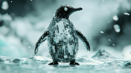 Digital penguin figurine on icy water.