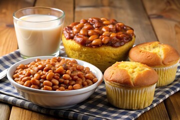 Fototapeta premium A bowl of baked beans sits beside cornbread muffins and a glass of milk