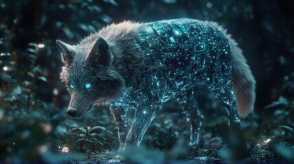 Digital wolf in a mystical forest.
