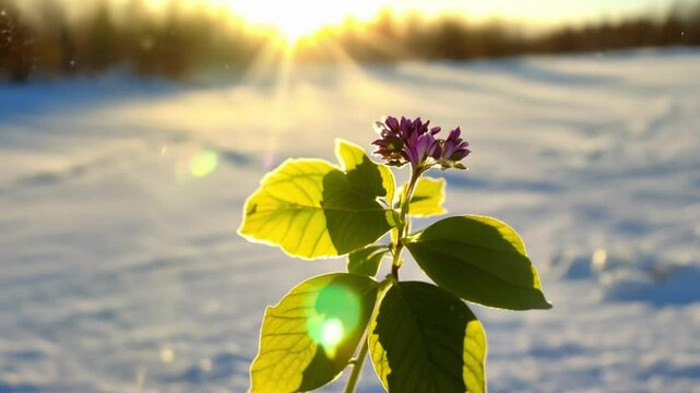 Purple wildflower gradually emerges through melting snow patches during winter-spring transition showing seasonal change and nature's resilience in cold mountain environment