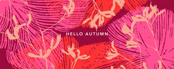 Trendy modern art style abstract autumn poster or cover with bright beautiful leaves and plants. Fall background, web banner, or flyer design. Template for advertising, print, packaging, social media