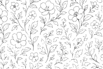 Elegant black and white hand drawn floral pattern with delicate flowers and leaves scattered across a clean white background
