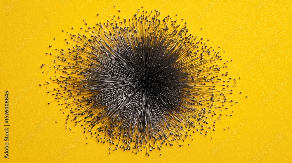 Aufkleber abstract art of metal pins on vibrant yellow background creating dynamic visual explosion effect