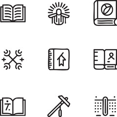 Collection of nine black outline icons depicting books and symbols book icon open book
