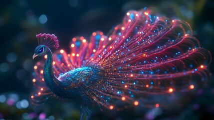 Luminous peacock with glowing plumage.