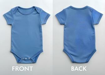 Blue short sleeve baby onesie bodysuit front and back view on white background
