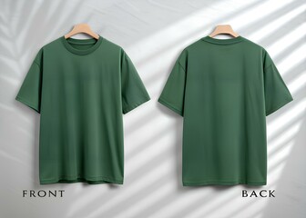 Green t shirt front and back view hanging on wooden hanger with shadow overlay
