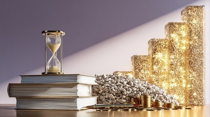 Hourglass, books, coins, and rising graph illuminate time, knowledge, and wealth