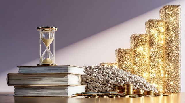 Hourglass, books, coins, and rising graph illuminate time, knowledge, and wealth