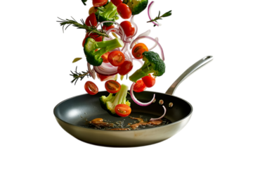 Culinary Symphony Vegetables in Motion over Skillet Culinary Artistry Featuring Flying Ingredients for a Vibrant and Healthy Meal Preparation and Presentation