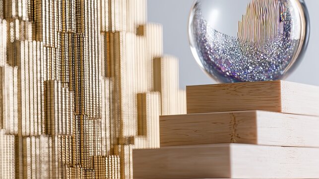Gold bars, glass sphere, wood blocks, growth chart, finance concept