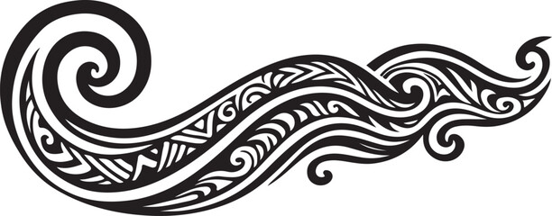 A striking black and white abstract tribal design featuring flowing curves sharp angles and intricate patterns reminiscent of polynesian or maori art forms