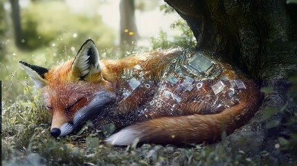 A sleeping fox, adorned with intricate digital circuitry, rests beneath a tree.