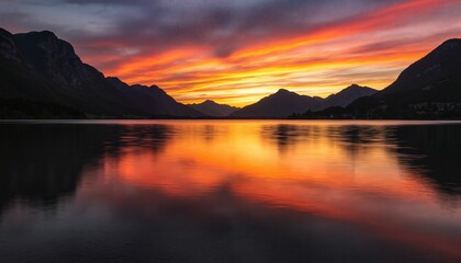 Obraz premium Breathtaking sunset over mountains reflecting on tranquil lake 