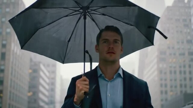 Professional businessman walking with an umbrella on a city street during a rainy day, symbolizing urban resilience and determination.