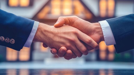 Close-up view of two businesspeople shaking hands in front of a lavish house.