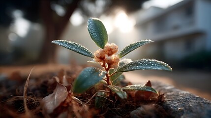 "Tiny Plant with Dew Drops in Vintage Garden"