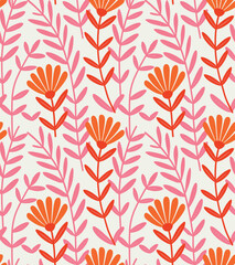 Seamless floral pattern with orange flowers and pink leaves on a light background.